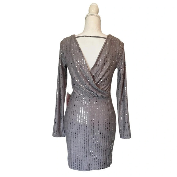 Crystal Sky Gray Metallic Style Long Sleeve Open Back Dress Women’s Small NWT - Picture 8 of 16